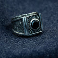 Men Silver Engraved Black Onyx Gemstone Signet Ring