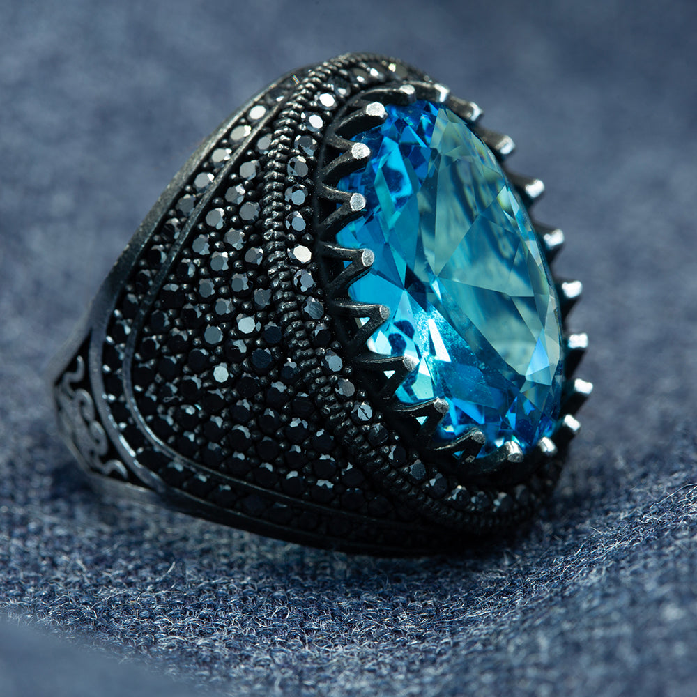925 Silver Men Oval Blue Aquamarine Gemstone Ring