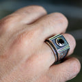 Men Silver Engraved Black Onyx Gemstone Signet Ring