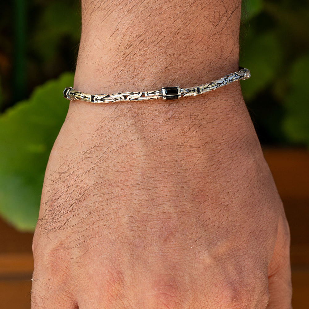 925 Sterling Silver Black Onyx King Chain Byzantine Bracelet