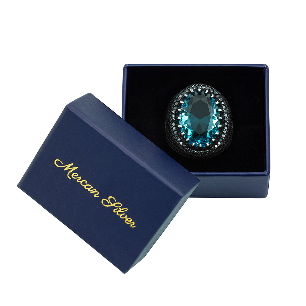 925 Silver Men Oval Blue Aquamarine Gemstone Ring