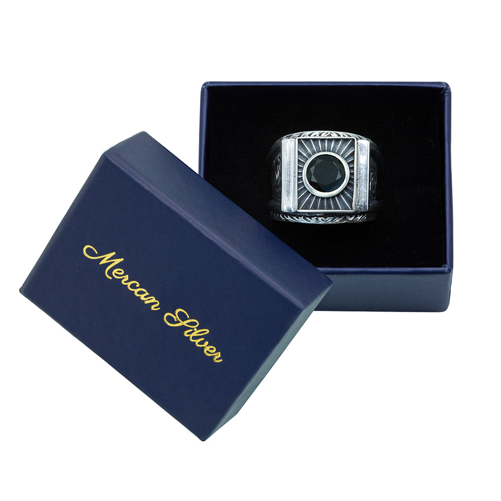Men Silver Engraved Black Onyx Gemstone Signet Ring
