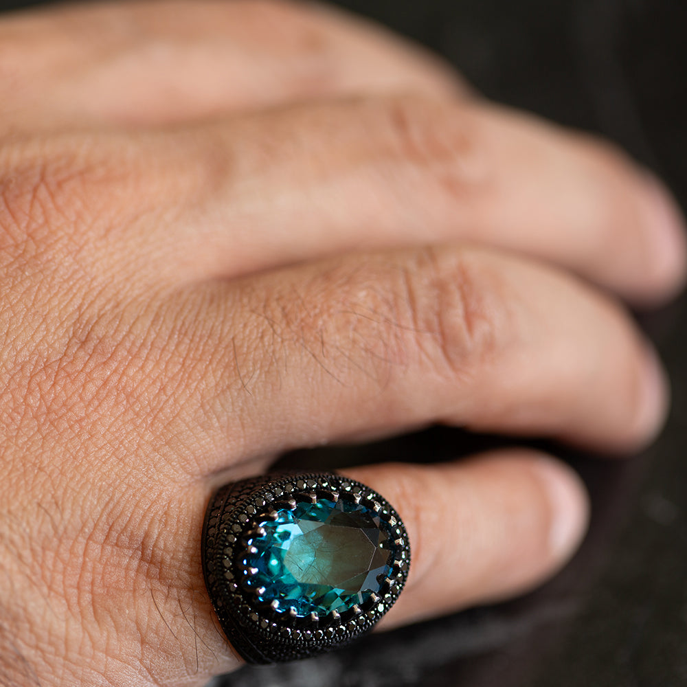 925 Silver Men Oval Blue Aquamarine Gemstone Ring