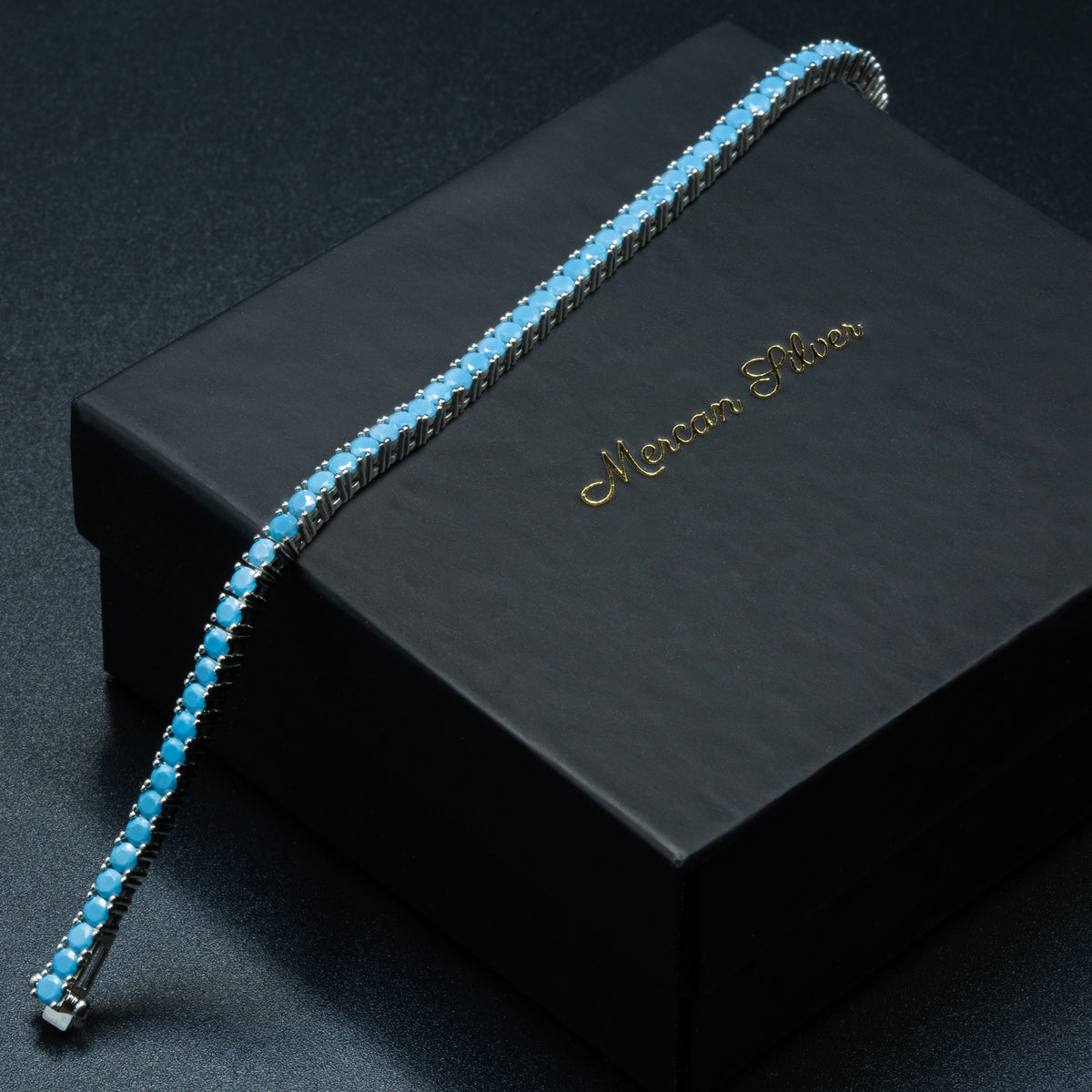 Silver Unisex Round Turquoise Tennis Bracelet