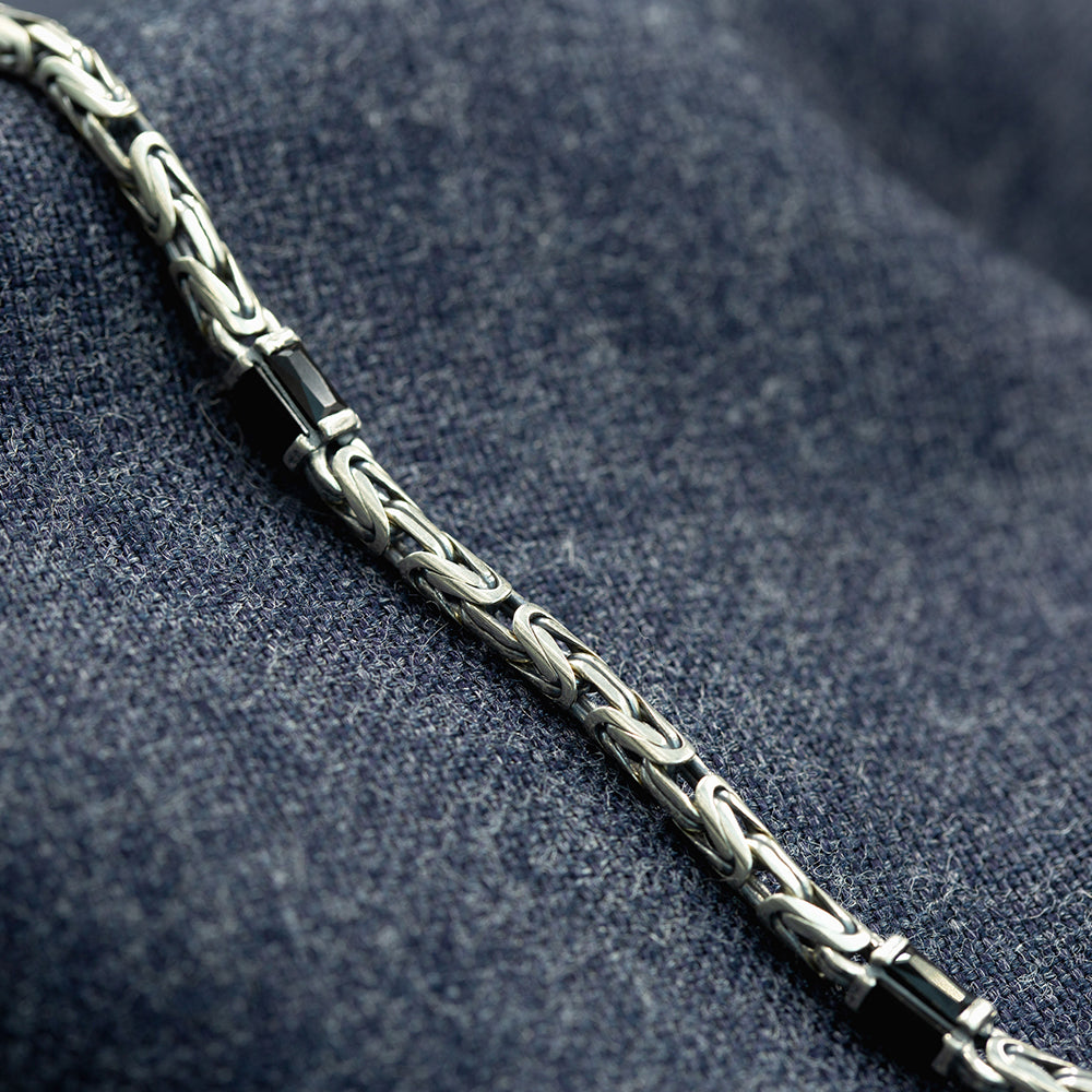 925 Sterling Silver Black Onyx King Chain Byzantine Bracelet