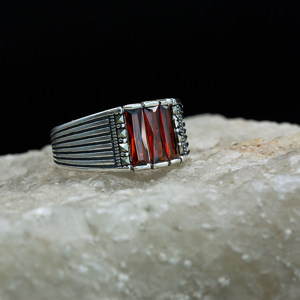 925 Silver Garnet Ruby Gemstone Men Minimal Ring