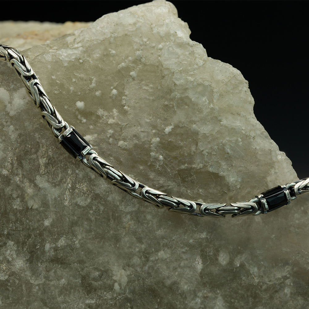 925 Sterling Silver Black Onyx King Chain Byzantine Bracelet