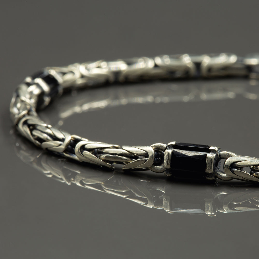 925 Sterling Silver Black Onyx King Chain Byzantine Bracelet