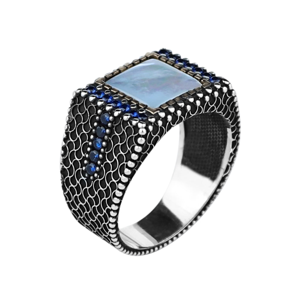 925 Sterling Silver Square Mother Of Pearl Gemstone Signet Ring