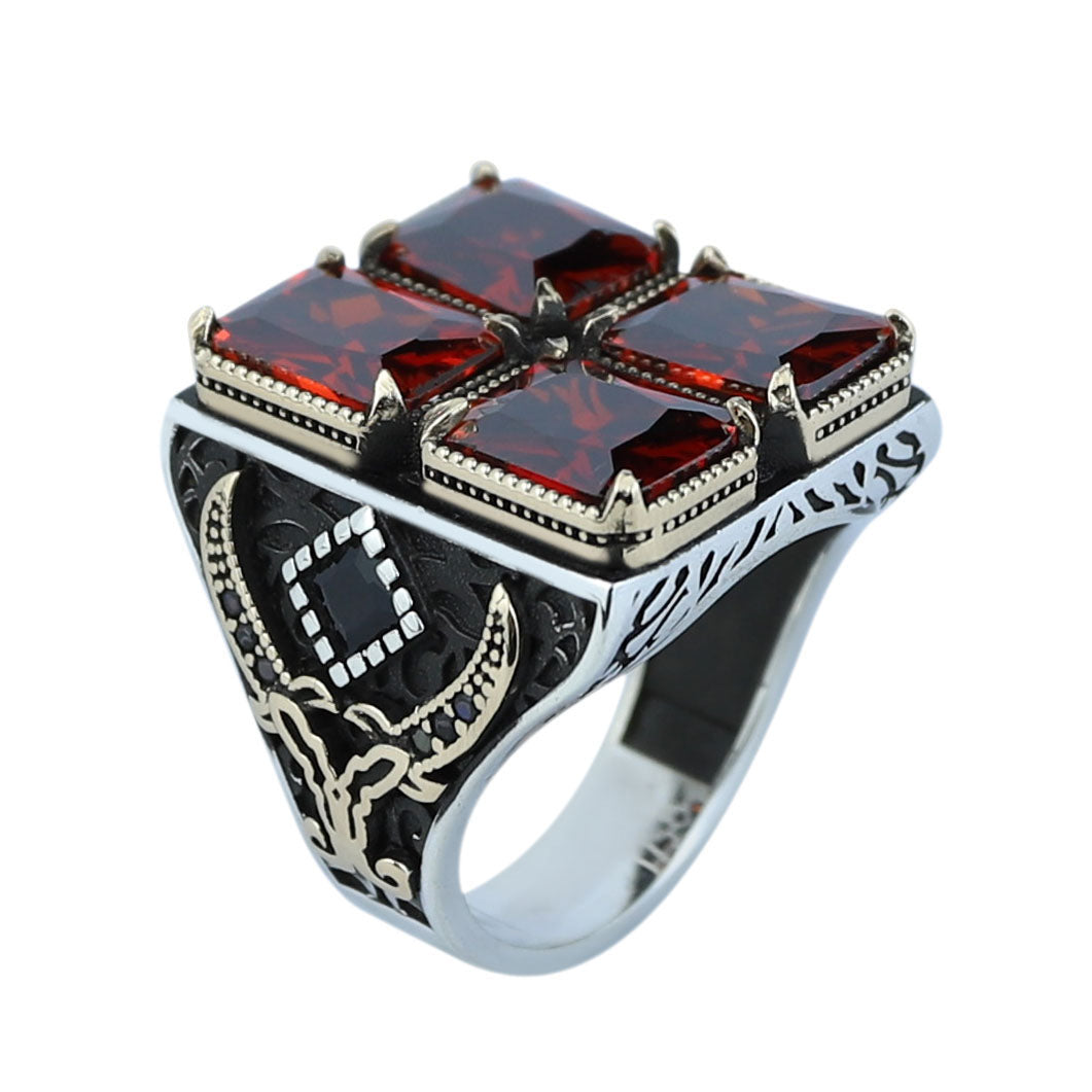 Turkish Handmade Ruby Stone Ring, Large Zulfiqar Sword Ring, Silver Red Gemstone Ruby Ring, Vintage Ruby Ring Anniversary Gift