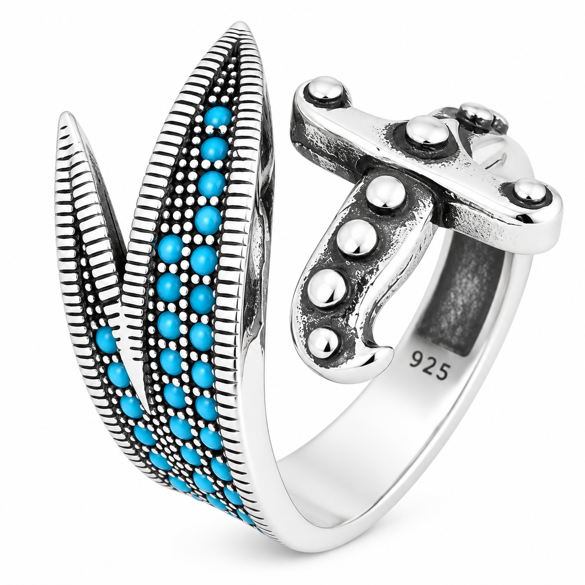 925 Sterling Silver Zulfiqar Sword Ring with Turquoise Stone