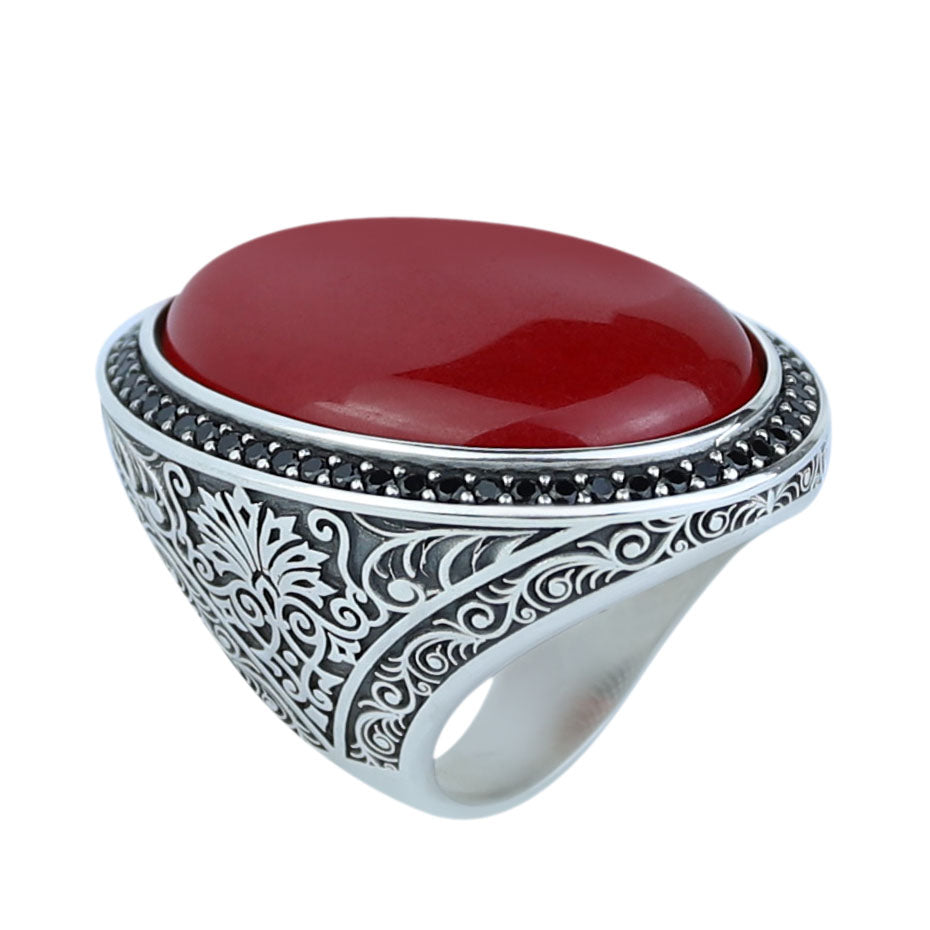 Man Red Jade Stone Ring, Engraved Jade Stone Ring, Men Ottoman Embroidered Ring, Turkish Handmade Sterling Silver Ring