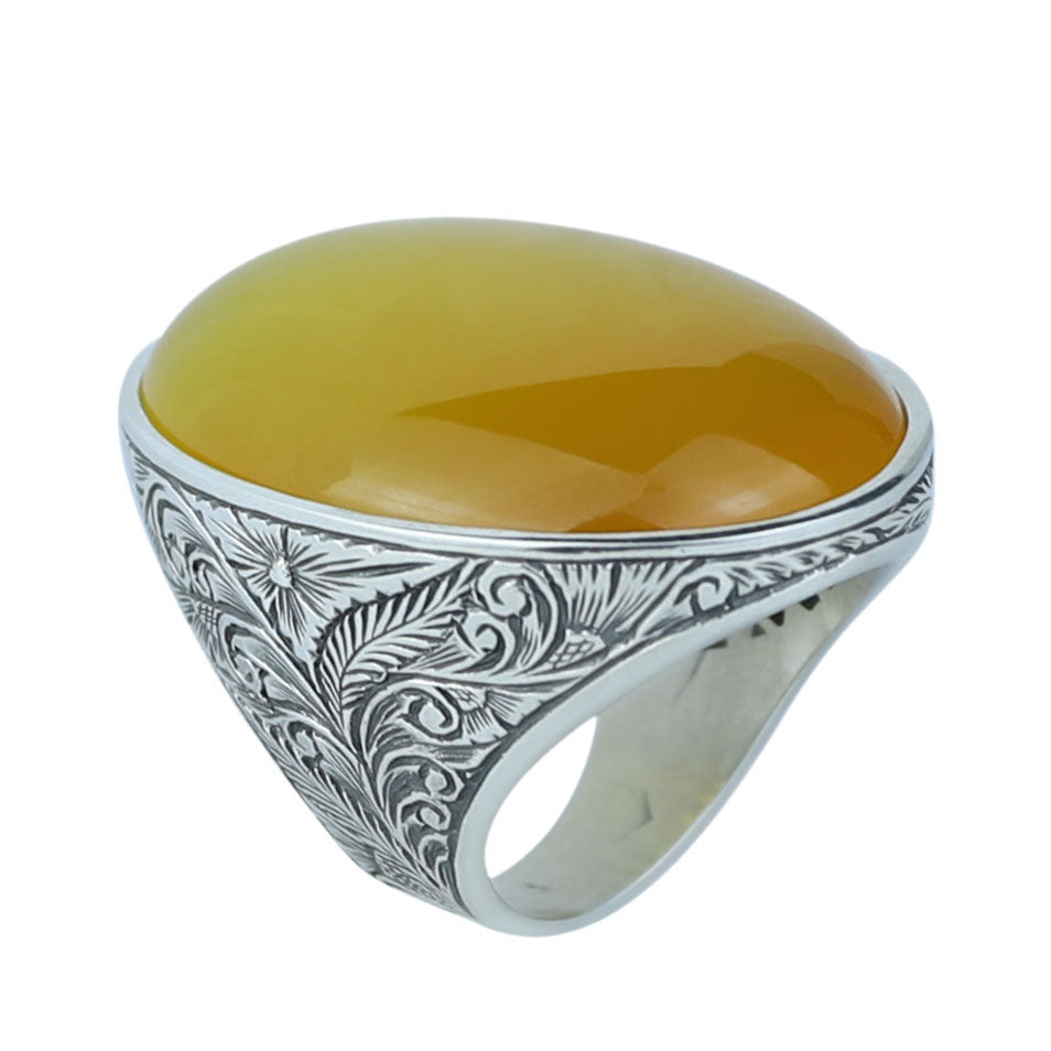 Men Handmade Large Yellow Agate 925 Silver Ring, Natural Aqeeq Gemstone Ring