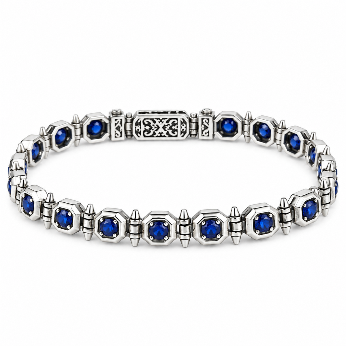 925 Silver Sapphire Stone Chain Bracelet, Men Blue Stone Bracelet, Vintage Chain Bracelet, Byzantine Bracelet, Curb Chain Bracelet
