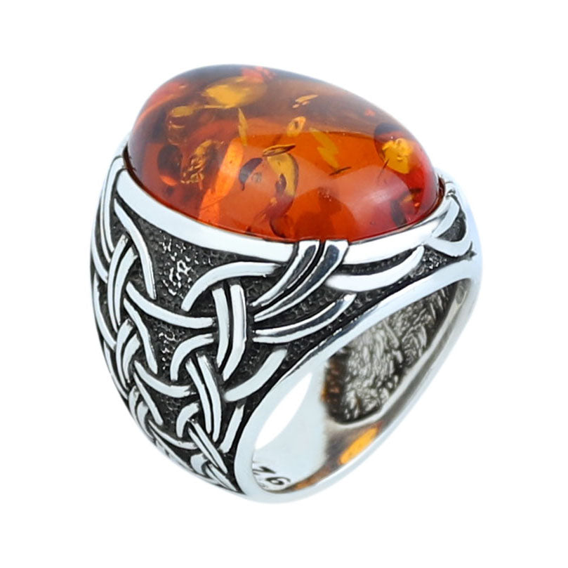 Silver Natural Baltic Orange Amber Ring , Engraved Ring, Gemstone Ring , Father Day Gift, Men Ottoman Style Handmade Ring , 925k Sterling Silver