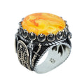 Natural Amber Stone Ring , Sterling Silver Round Large Amber Stone Ring, Ottoman Style Silver Ring