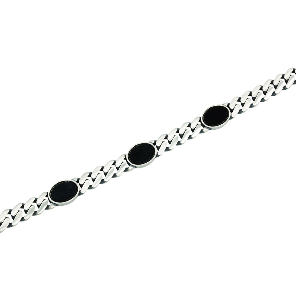 Men Silver Gourmet Curb Chain Onyx Bracelet
