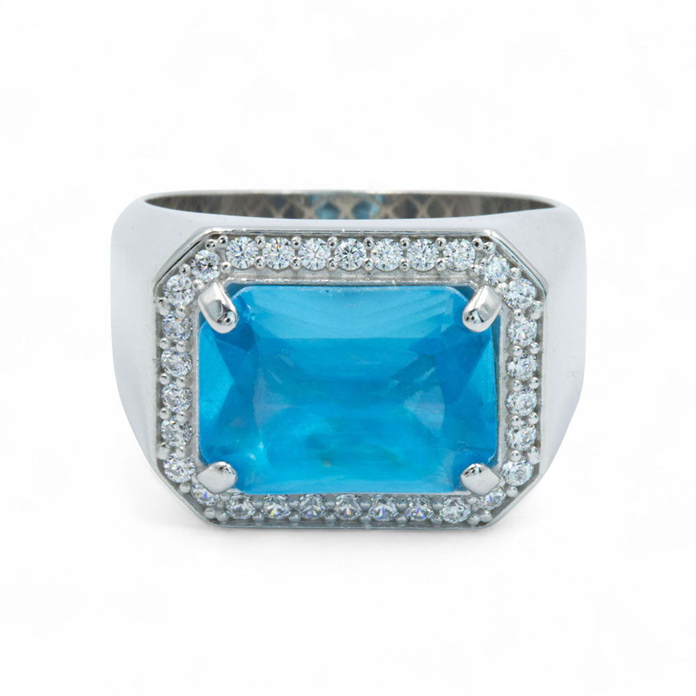 Anillo de plata con topacio azul cuadrado hecho a mano para hombre