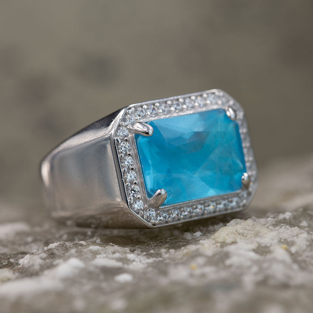 Men Handmade Silver Square Blue Topaz Ring