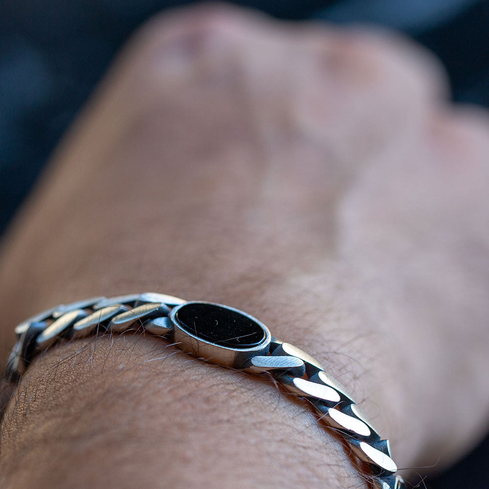 Men Silver Gourmet Curb Chain Onyx Bracelet