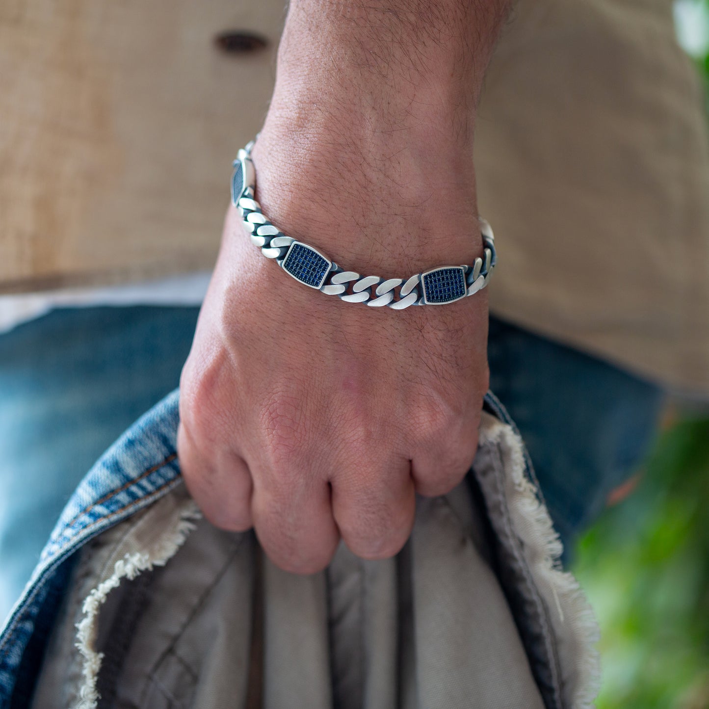 Men Handmade Sapphire Stone 10MM Cuban Link Chain Bracelet