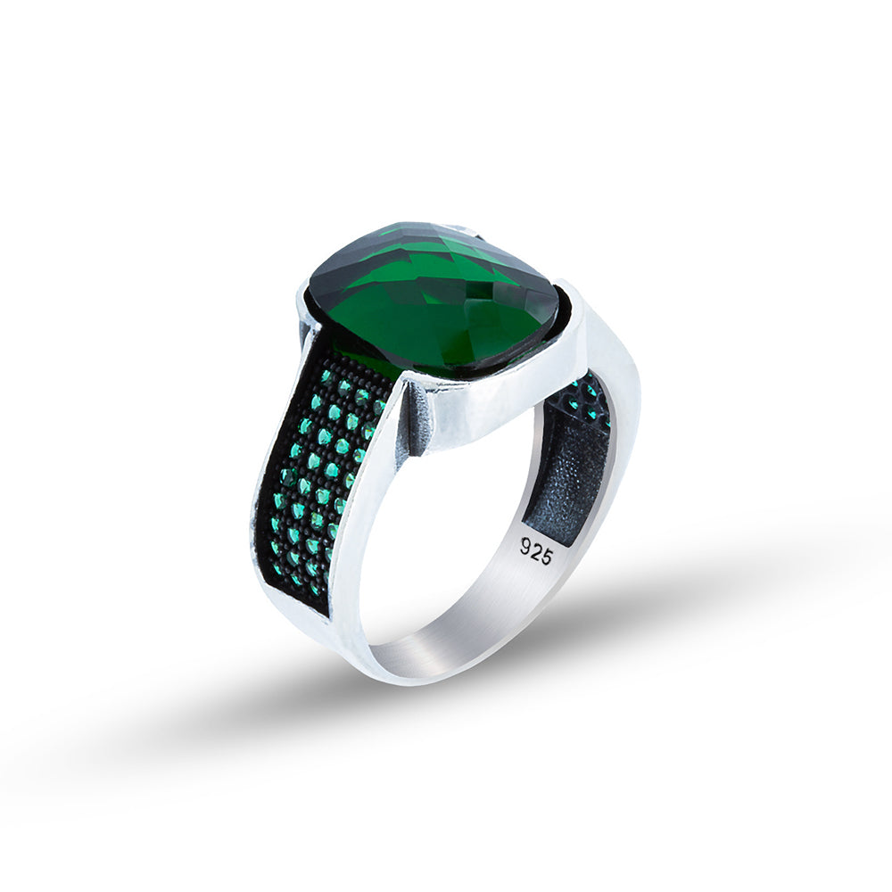 925 Silver Men Square Emerald Gemstone Ring