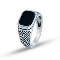 Men Silver Engraved Black Onyx Signet Ring