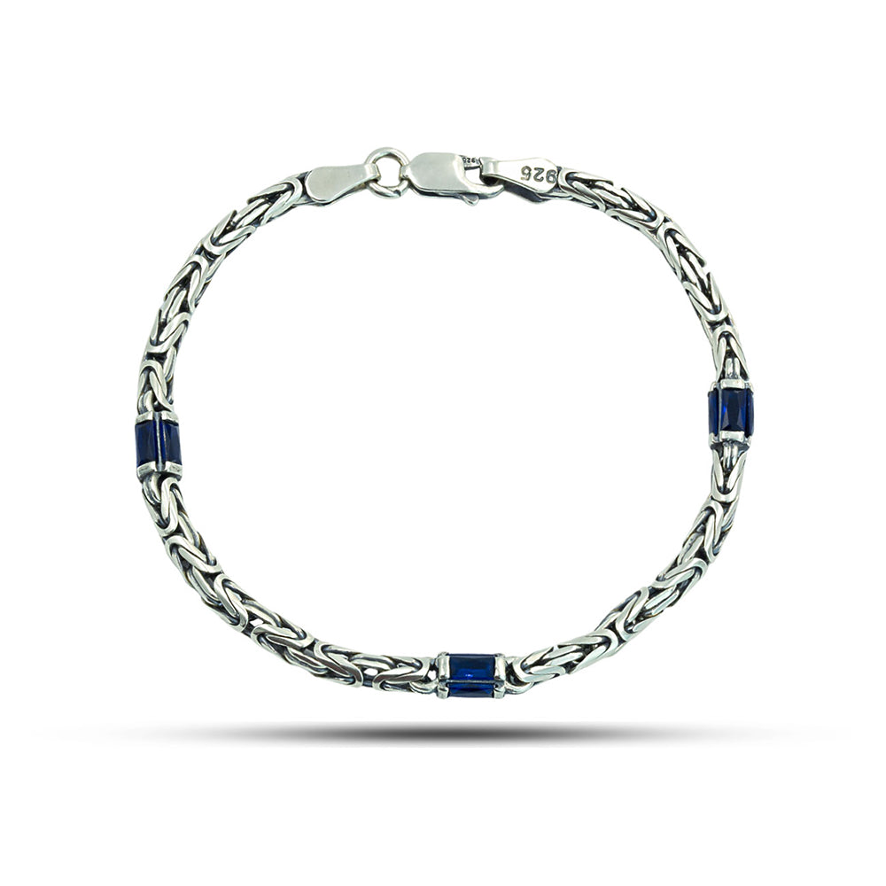 925 Silver Sapphire Stone Byzantine King Chain Bracelet