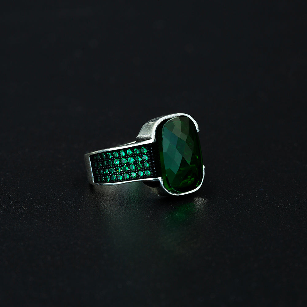 925 Silver Men Square Emerald Gemstone Ring