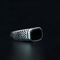 Men Silver Engraved Black Onyx Signet Ring