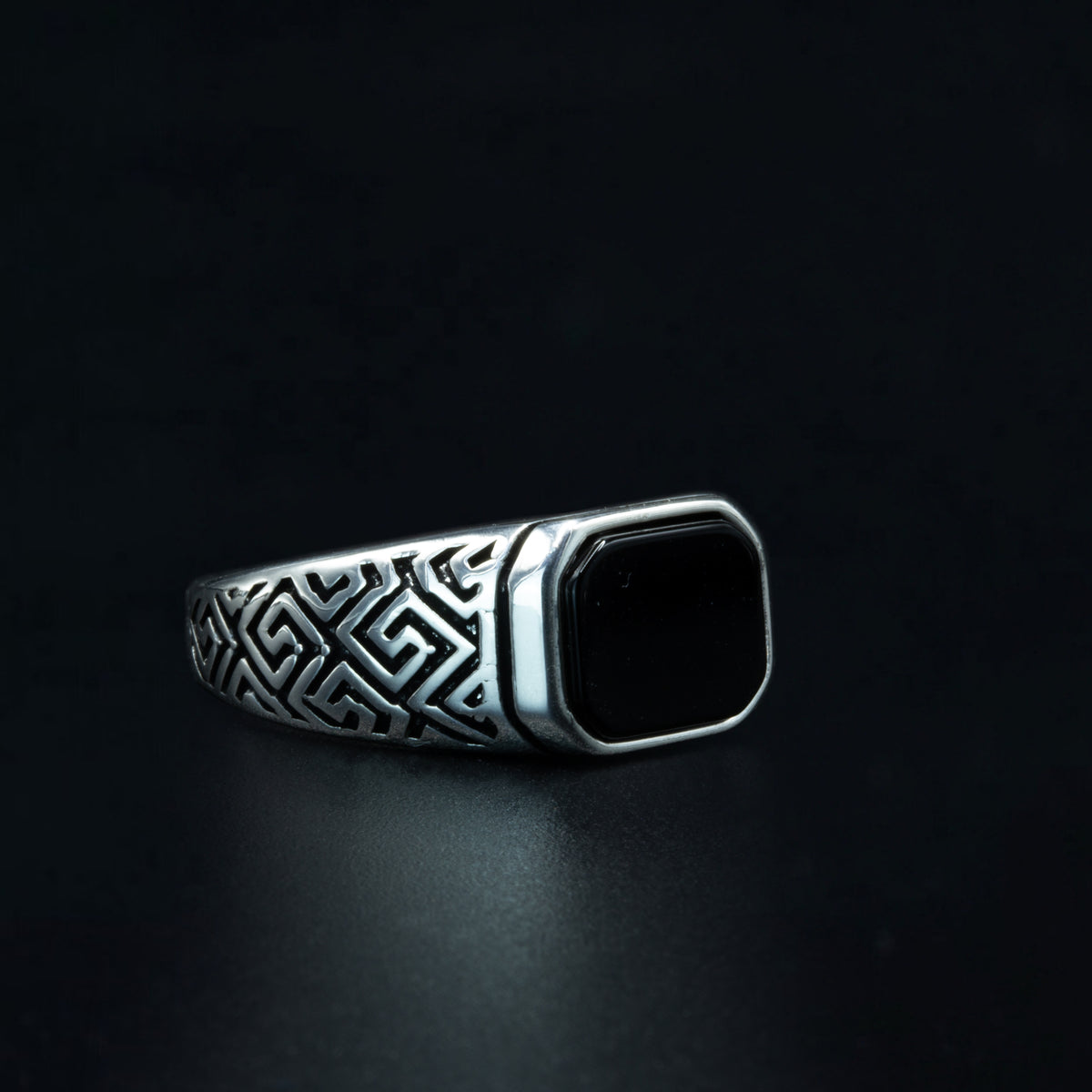 Men Silver Engraved Black Onyx Signet Ring