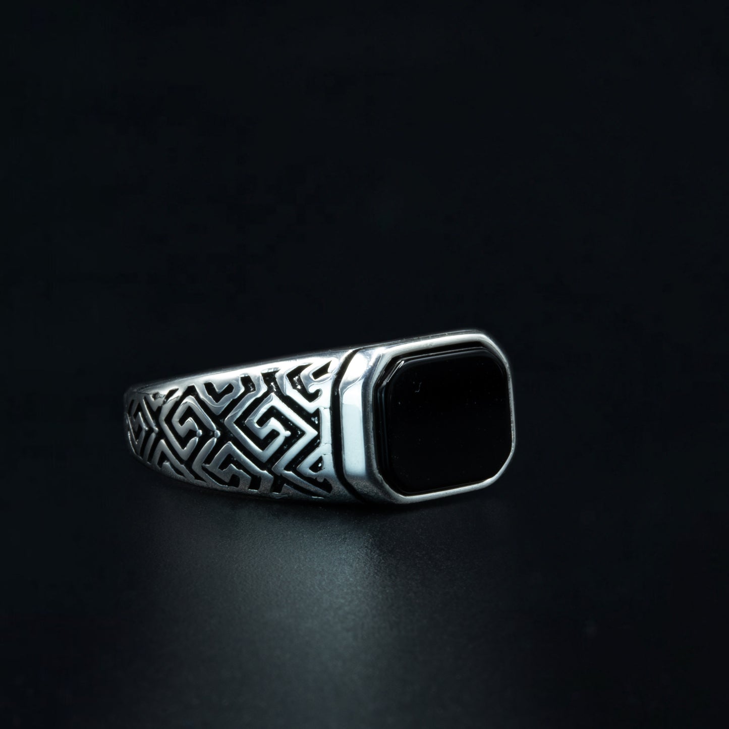 Men Silver Engraved Black Onyx Signet Ring