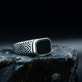 Men Silver Engraved Black Onyx Signet Ring