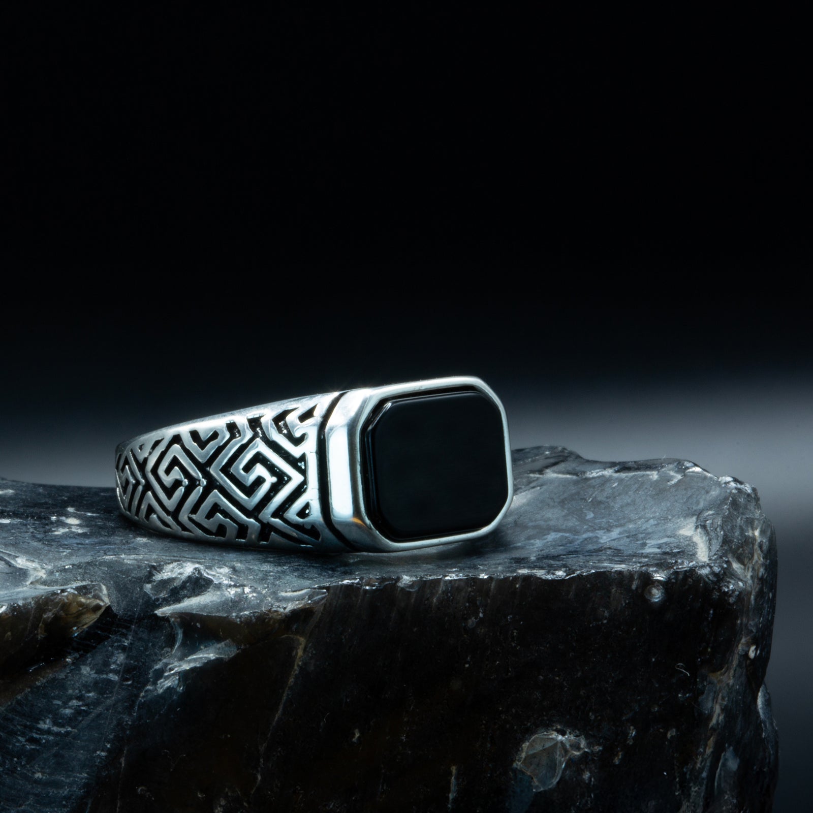 Men Silver Engraved Black Onyx Signet Ring