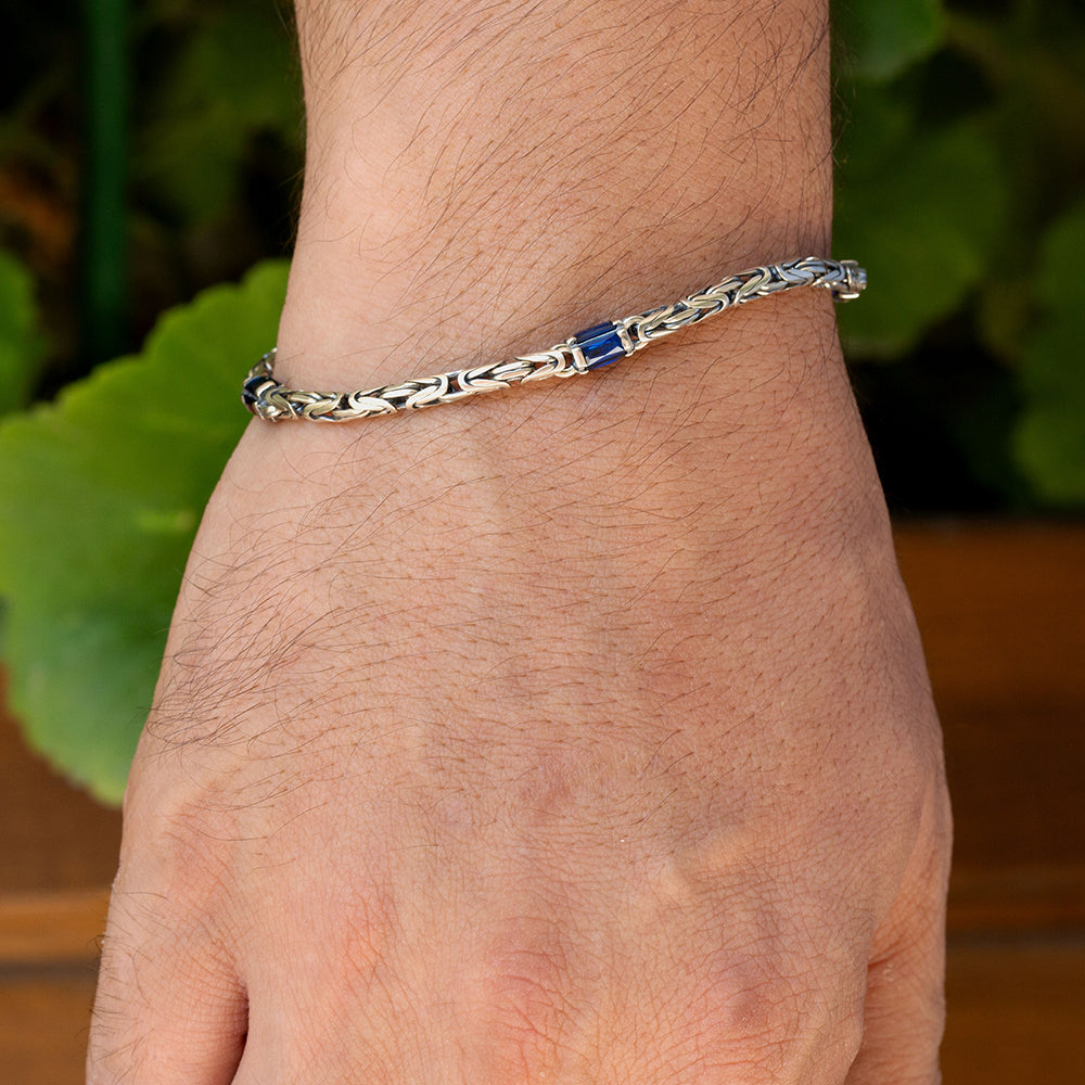 925 Silver Sapphire Stone Byzantine King Chain Bracelet