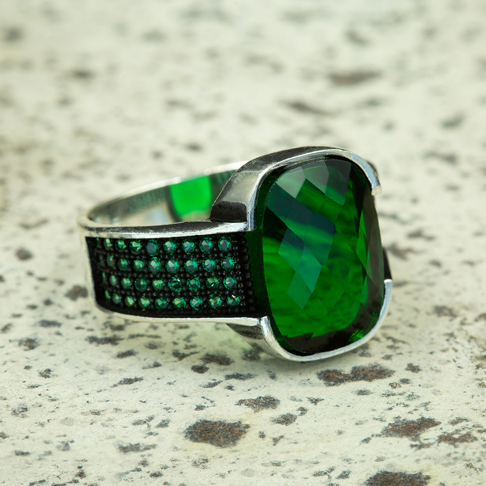 925 Silver Men Square Emerald Gemstone Ring