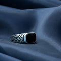 Men Silver Engraved Black Onyx Signet Ring