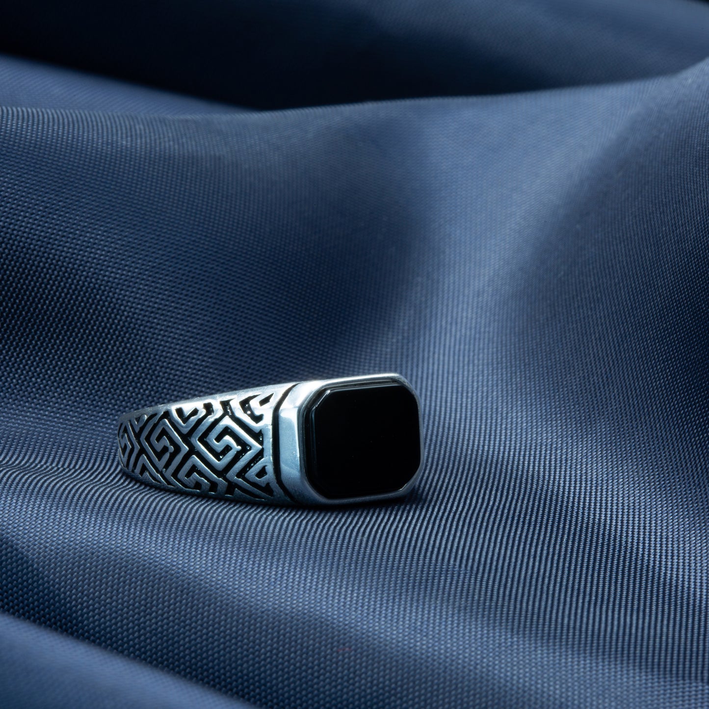 Men Silver Engraved Black Onyx Signet Ring