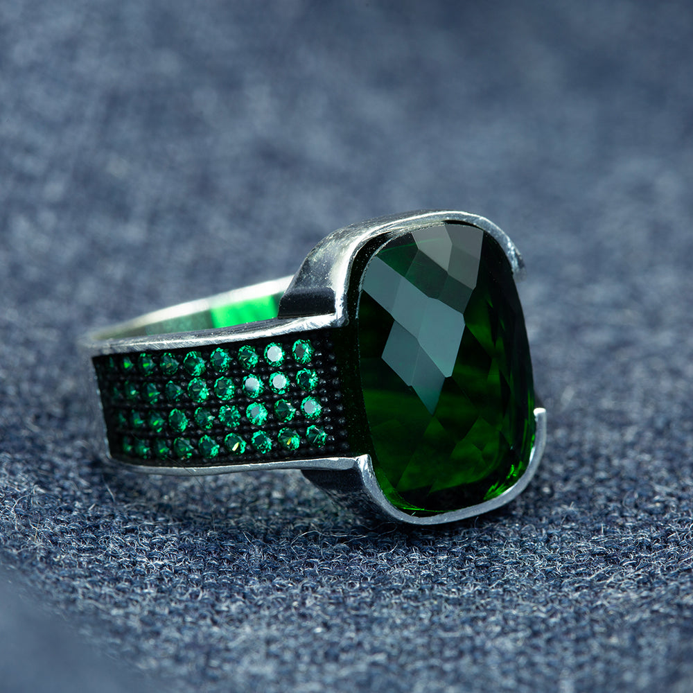 925 Silver Men Square Emerald Gemstone Ring