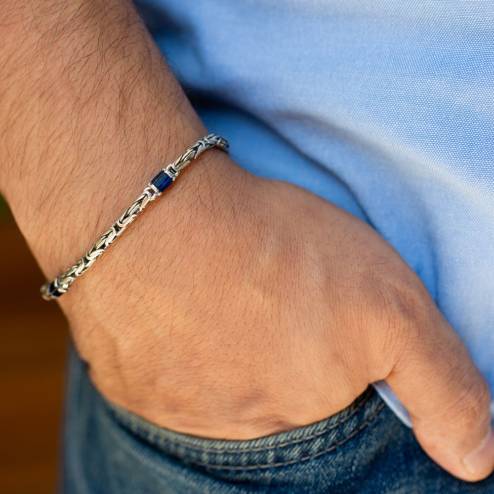 925 Silver Sapphire Stone Byzantine King Chain Bracelet