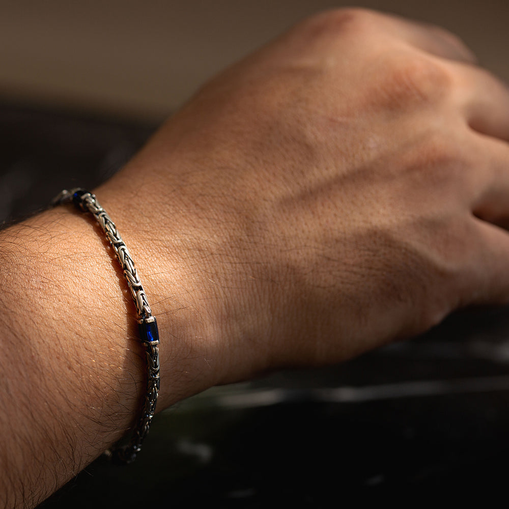 925 Silver Sapphire Stone Byzantine King Chain Bracelet