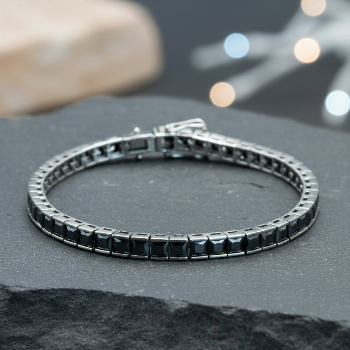 925 Silver Men Square Black Diamond Tennis Bracelet, Elegant Black Tennis Bracelet
