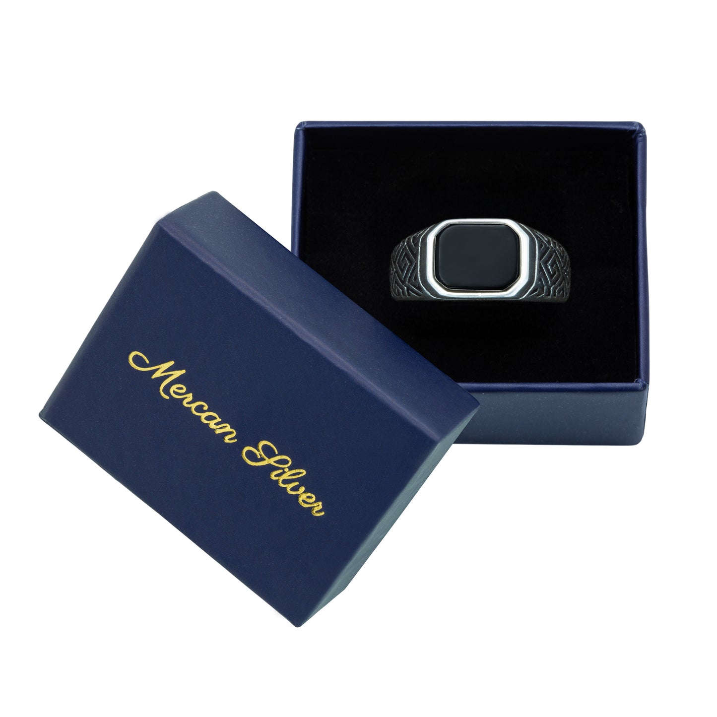 Men Silver Engraved Black Onyx Signet Ring