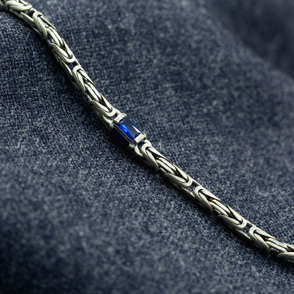 925 Silver Sapphire Stone Byzantine King Chain Bracelet