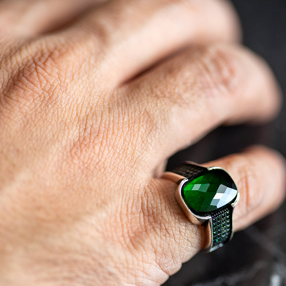 925 Silver Men Square Emerald Gemstone Ring