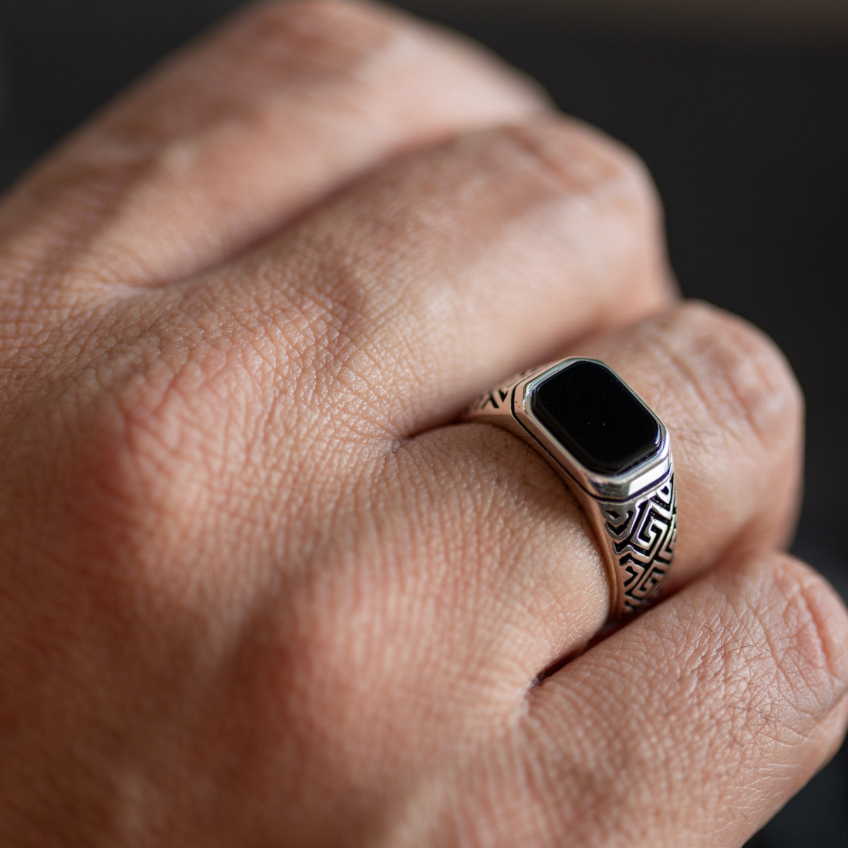 Men Silver Engraved Black Onyx Signet Ring