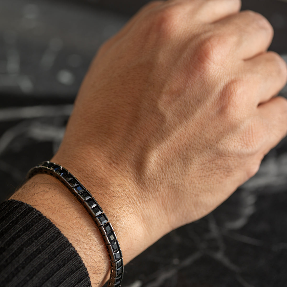 925 Silver Men Square Black Diamond Tennis Bracelet, Elegant Black Tennis Bracelet