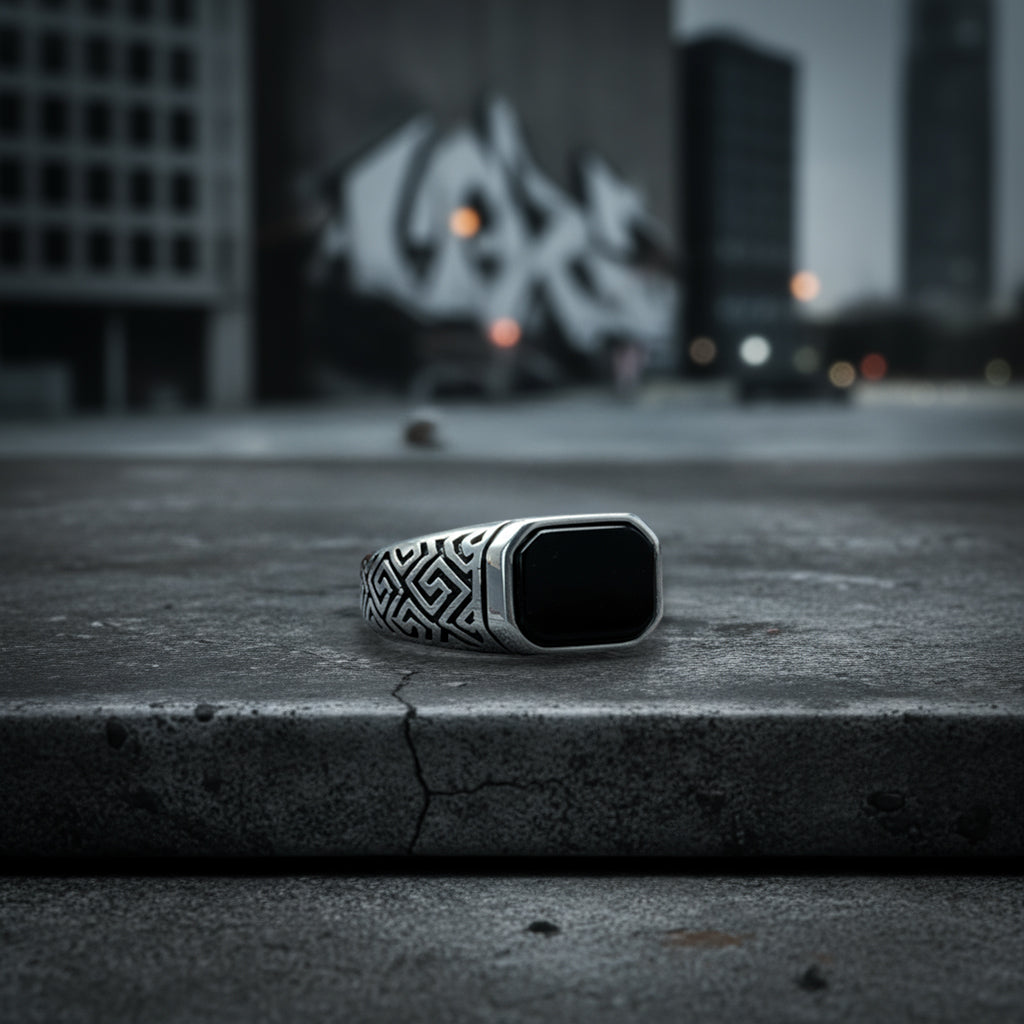 Men Silver Engraved Black Onyx Signet Ring