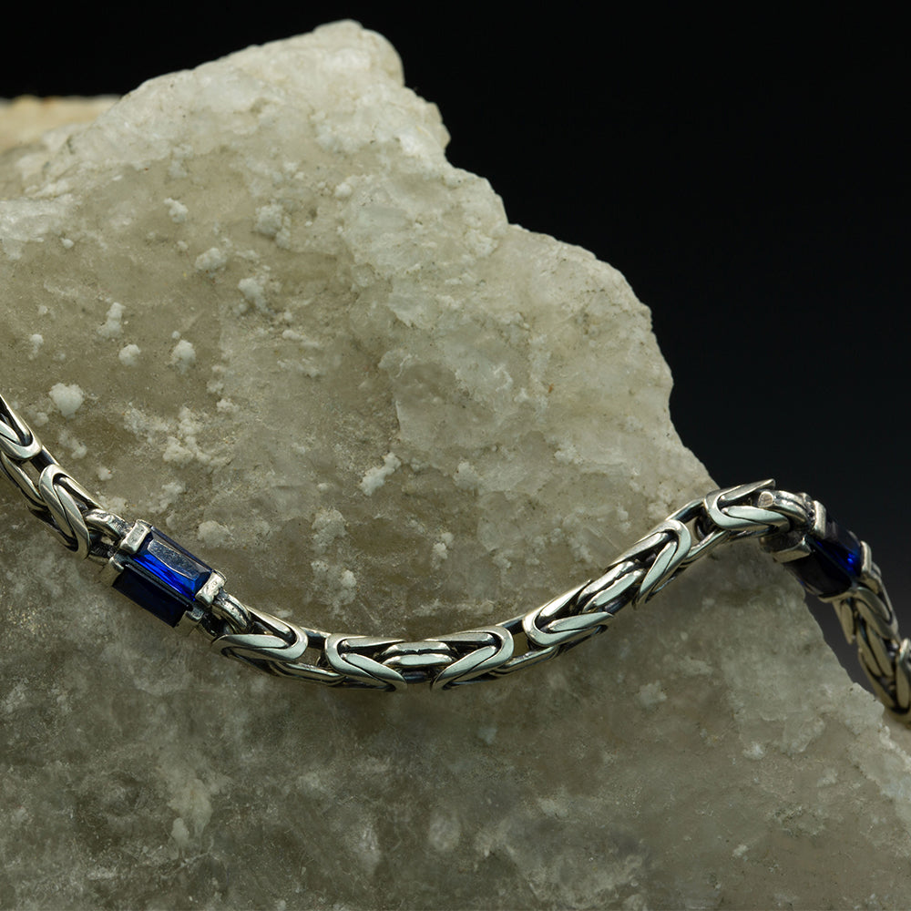 925 Silver Sapphire Stone Byzantine King Chain Bracelet
