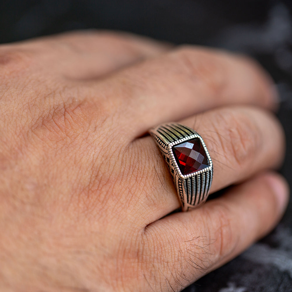 Men Handmade Minimal Red Ruby Gemstone Ring